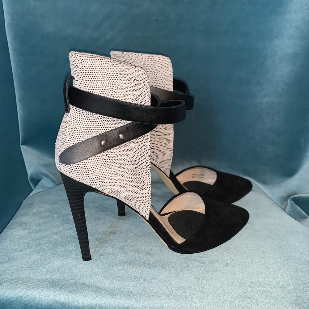 Joe’s Jeans, pebbled fabric/suede heels.